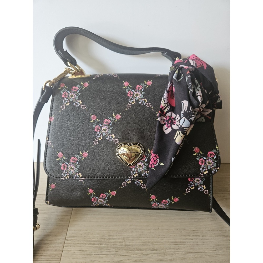 Betsey Johnson‎ Floral Lattice Top Handle Crossbody Bag Black Scarf Bow Heart